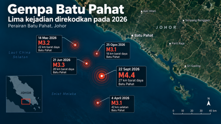 Peta lima kejadian gempa bumi di perairan Batu Pahat pada 2026