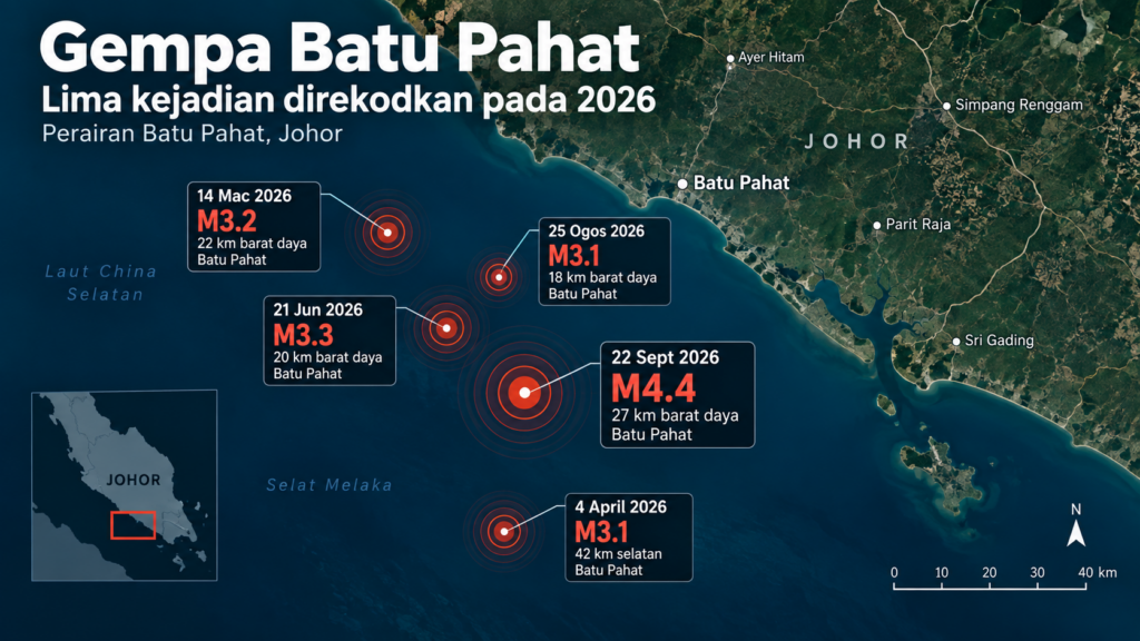 Peta lima kejadian gempa bumi di perairan Batu Pahat pada 2026