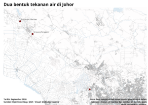 Peta Johor yang menggambarkan dua bentuk tekanan air: banjir kilat bandar dan tekanan terhadap sumber air mentah.
