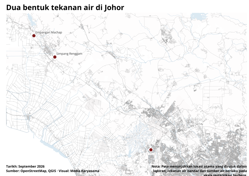 Peta Johor yang menggambarkan dua bentuk tekanan air: banjir kilat bandar dan tekanan terhadap sumber air mentah.