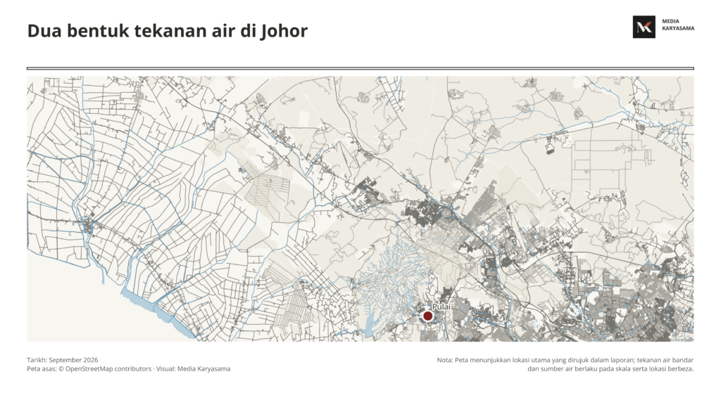 Peta Johor menunjukkan Johor Bahru, Empangan Machap, Simpang Renggam dan Pulai dalam konteks dua bentuk tekanan air