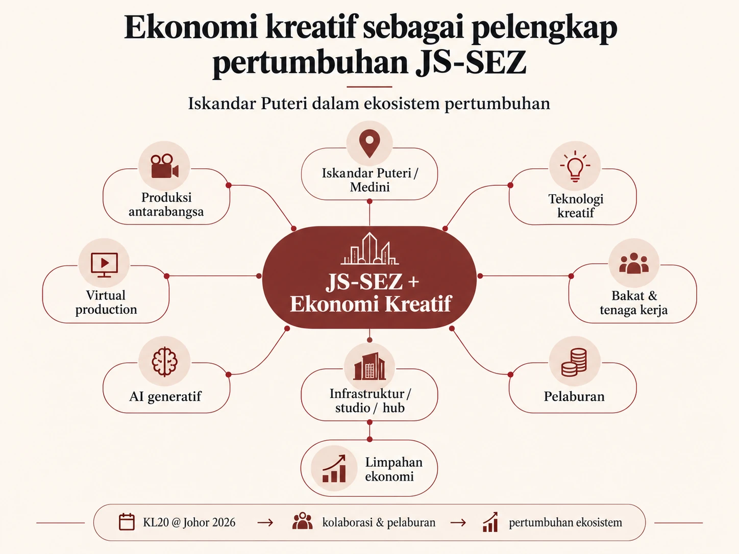 Infografik hubungan ekonomi kreatif dengan pertumbuhan JS-SEZ, termasuk produksi antarabangsa, virtual production, AI generatif, bakat, pelaburan dan infrastruktur kreatif.