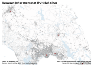 Peta Johor menunjukkan Pasir Gudang, Larkin, Kota Tinggi, Pengerang dan Kluang, lima kawasan yang mencatat bacaan IPU tidak sihat setakat 4.30 petang pada 30 September 2026.