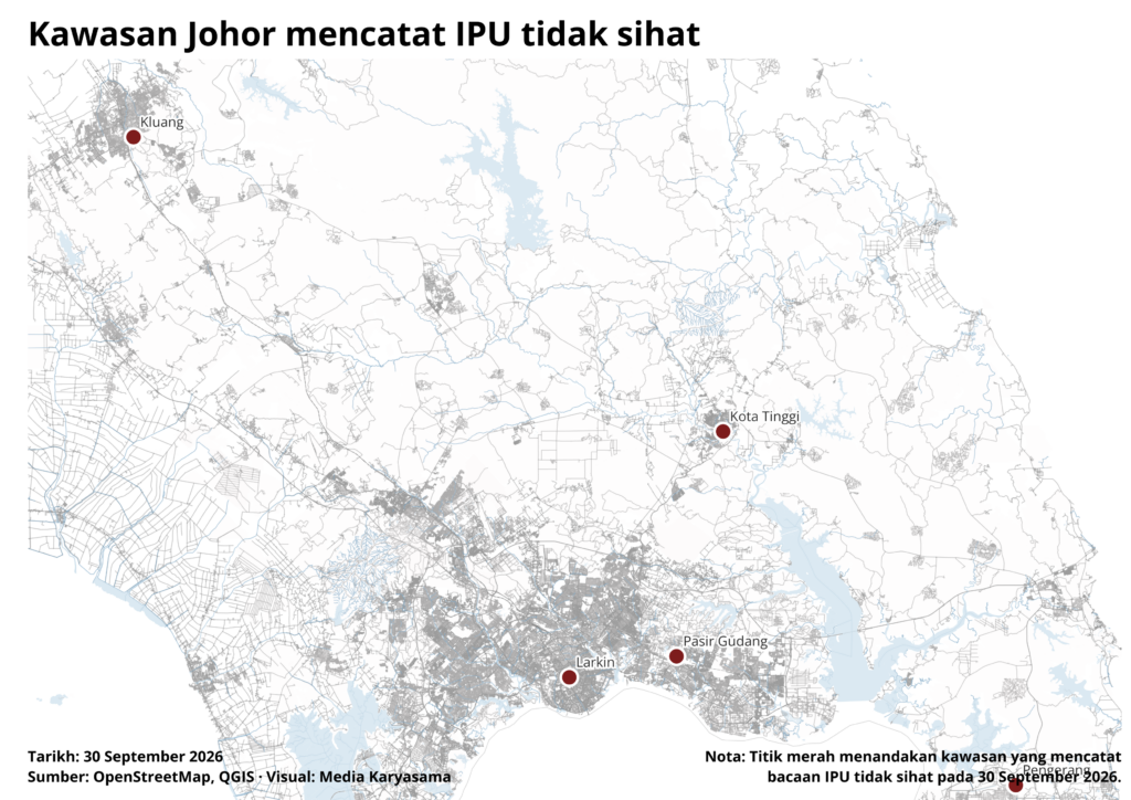 Peta Johor menunjukkan Pasir Gudang, Larkin, Kota Tinggi, Pengerang dan Kluang, lima kawasan yang mencatat bacaan IPU tidak sihat setakat 4.30 petang pada 30 September 2026.